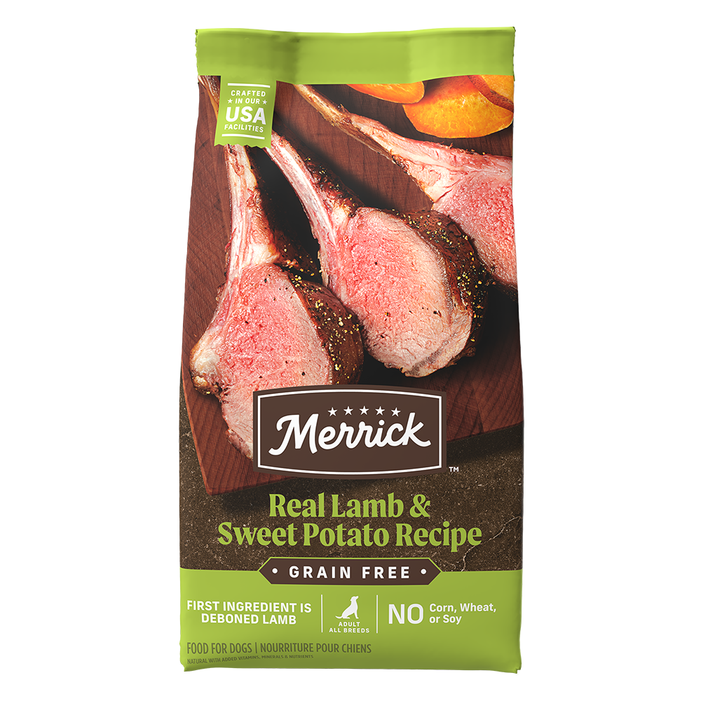 4lb bag of Merrick Grain Free Adult Lamb & Sweet Potato dry dog food