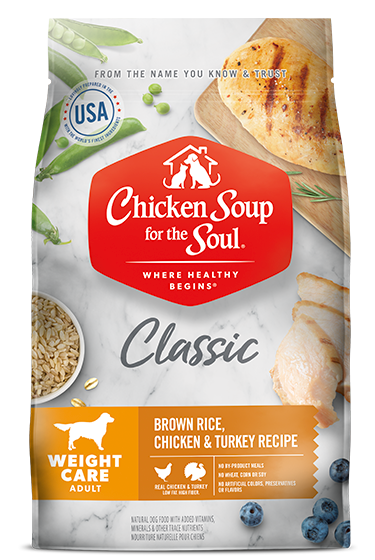 4.5, 13.5 and 28 lb bags of Chicken Soup Adult Weight Care Brown Rice, Chicken and Turkey dry dog food