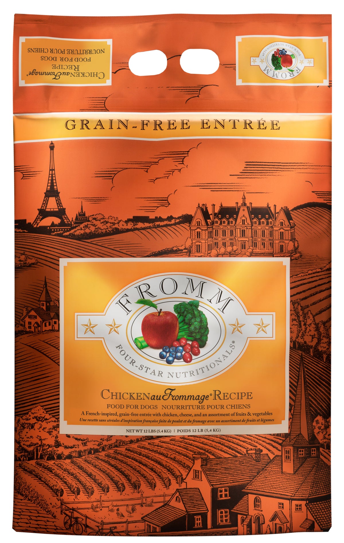 4lb, 12lb and 26lb bags of Fromm Four-Star Chicken Au Frommage grain free dry dog food