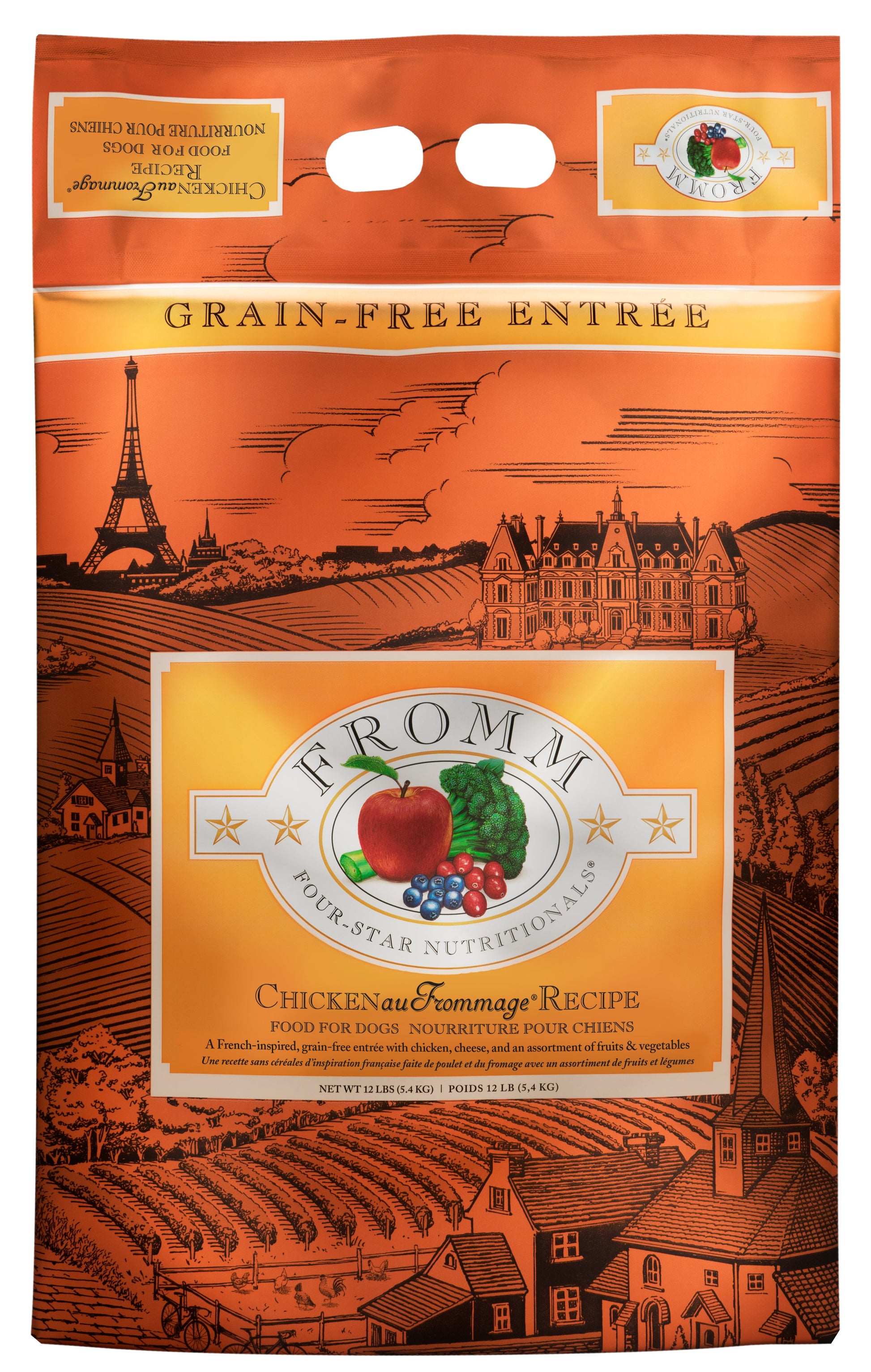 4lb, 12lb and 26lb bags of Fromm Four-Star Chicken Au Frommage grain free dry dog food