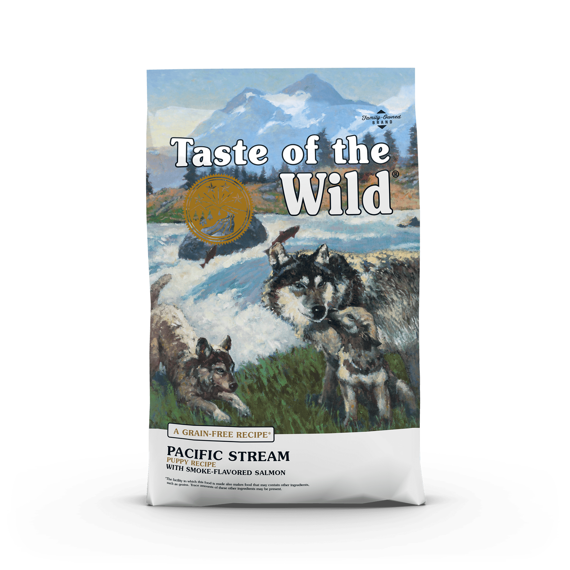 Bag of Taste of the Wild Pacific Stream Puppy Recipe with smoke-flavored salmon dry dog food
