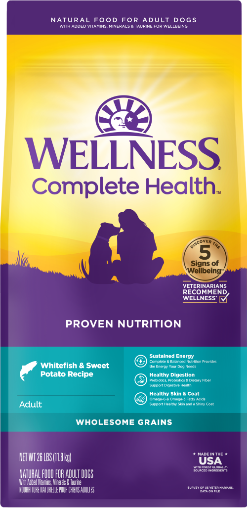 Bag of Wellness Complete Health Whitefish & Sweet Potato dry dog food
