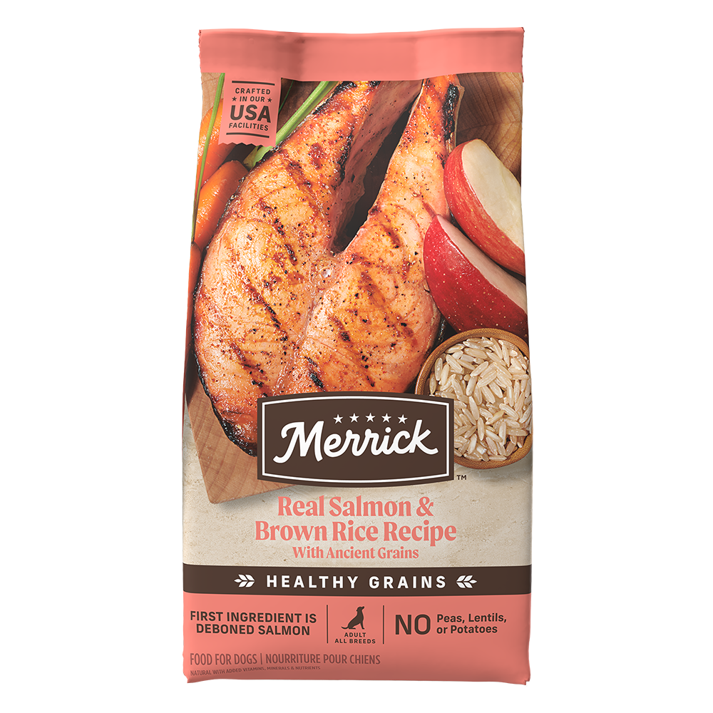 12lb bag of Merrick Classic Healthy Grains Salmon and Brown Rice dry dog food