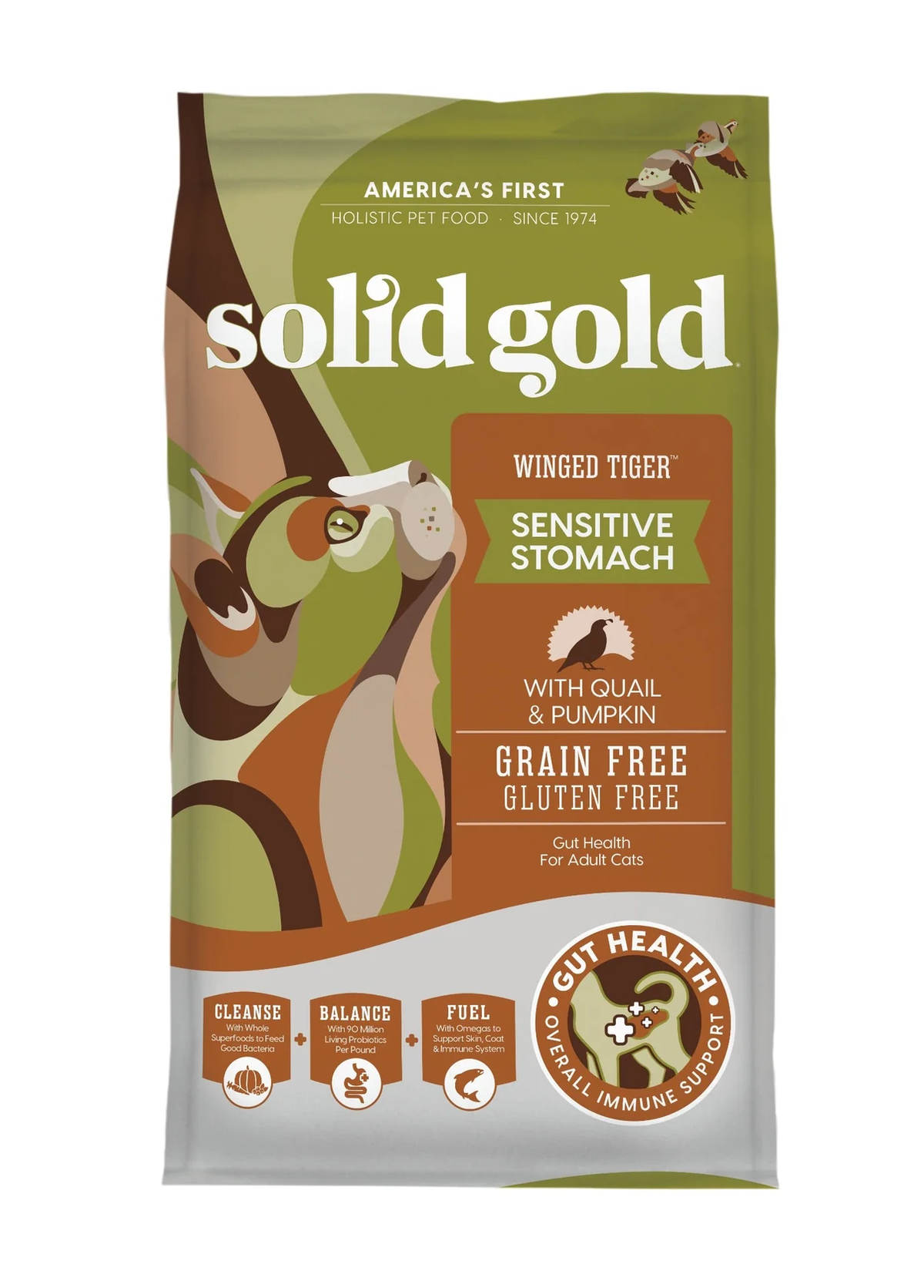 Bag of Solid Gold Winged Tiger Quail and Pumpkin grain free cat food, 3lb size.