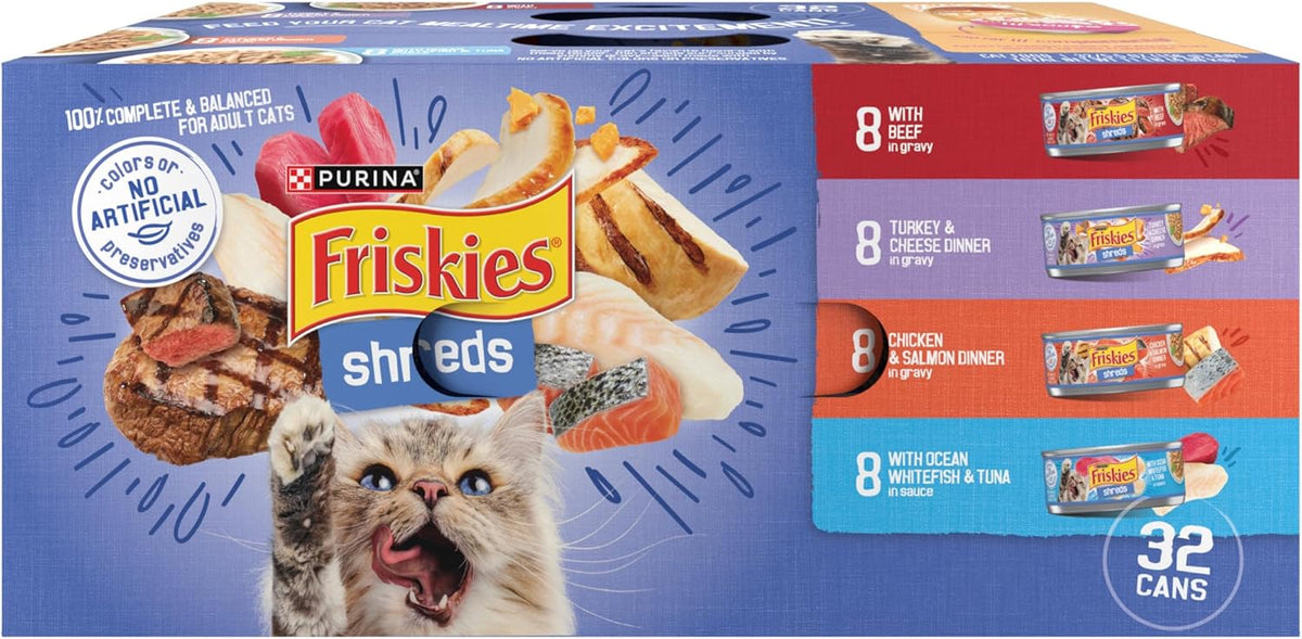 Box of Friskies Shreds Variety Pack wet cat food, 32 cans of 5.5 ounce