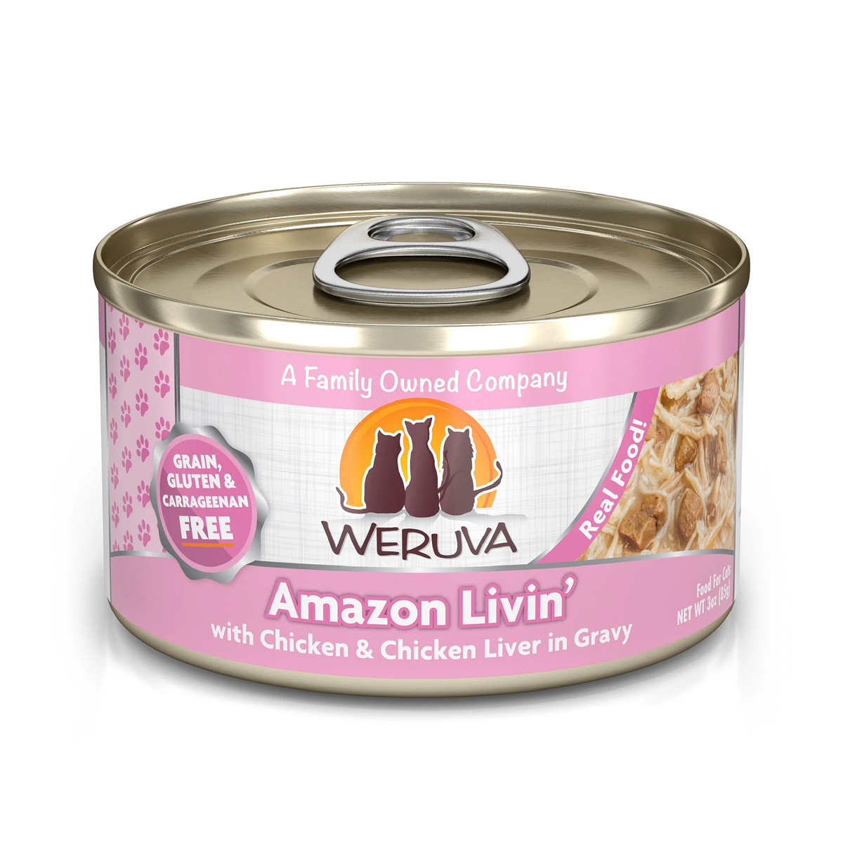 Can of Weruva Amazon Livin chicken and chicken liver cat food in gravy, 3 ounce