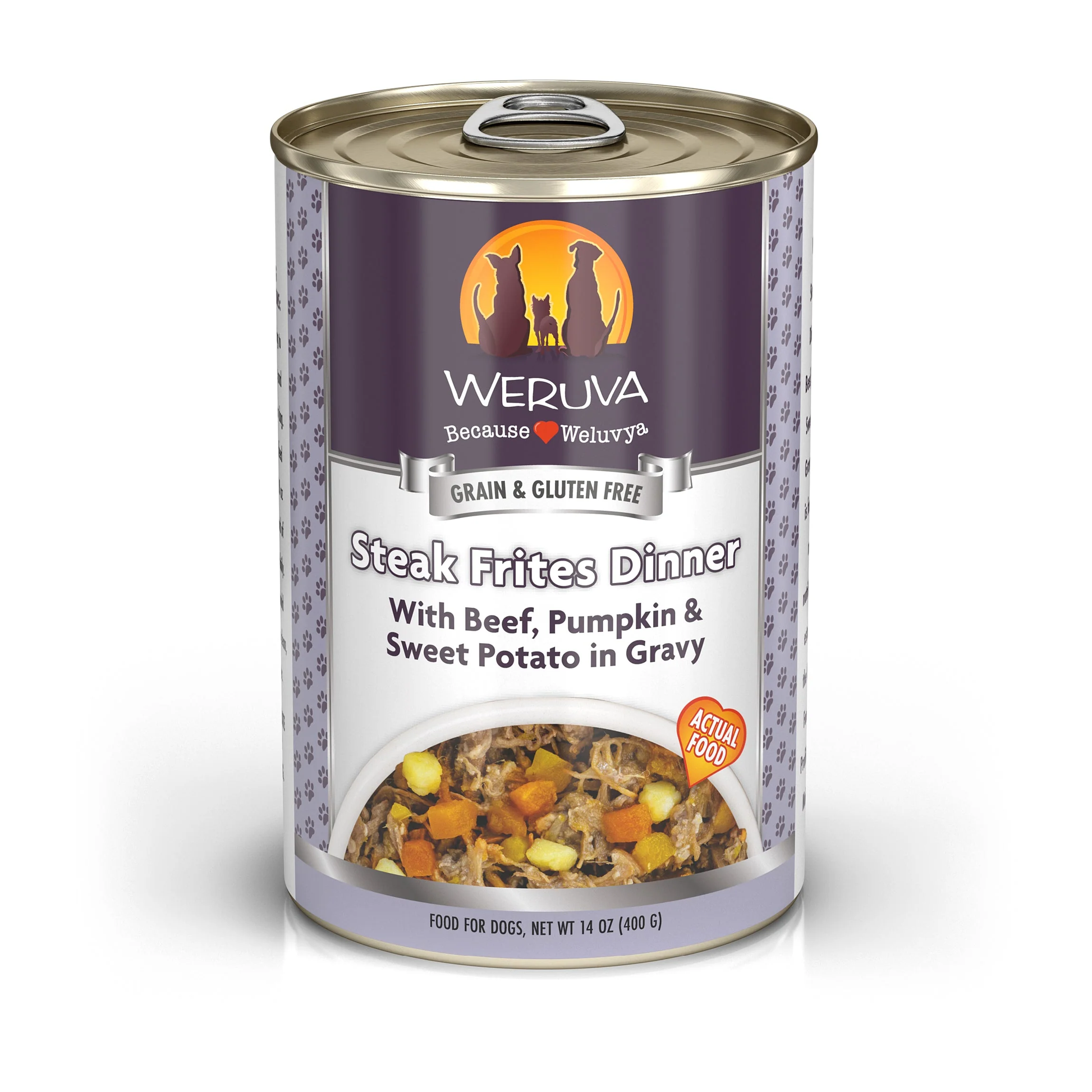 14oz can of Weruva Steak Frites Dinner wet dog food