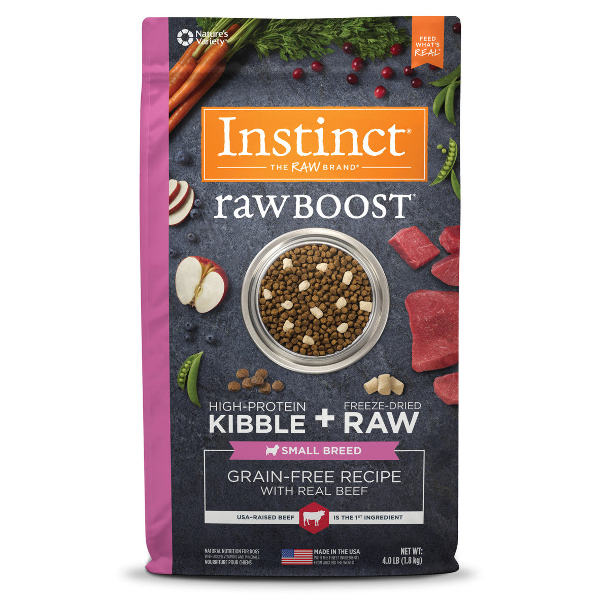 3.5lb bag of Instinct Raw Boost Adult Small Breed Grain Free Beef dry dog food