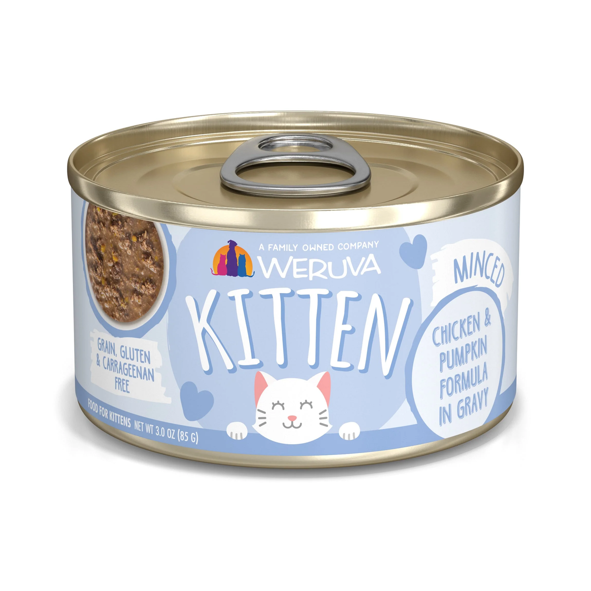 Can of Weruva Kitten chicken and pumpkin in gravy cat food, 3 ounce
