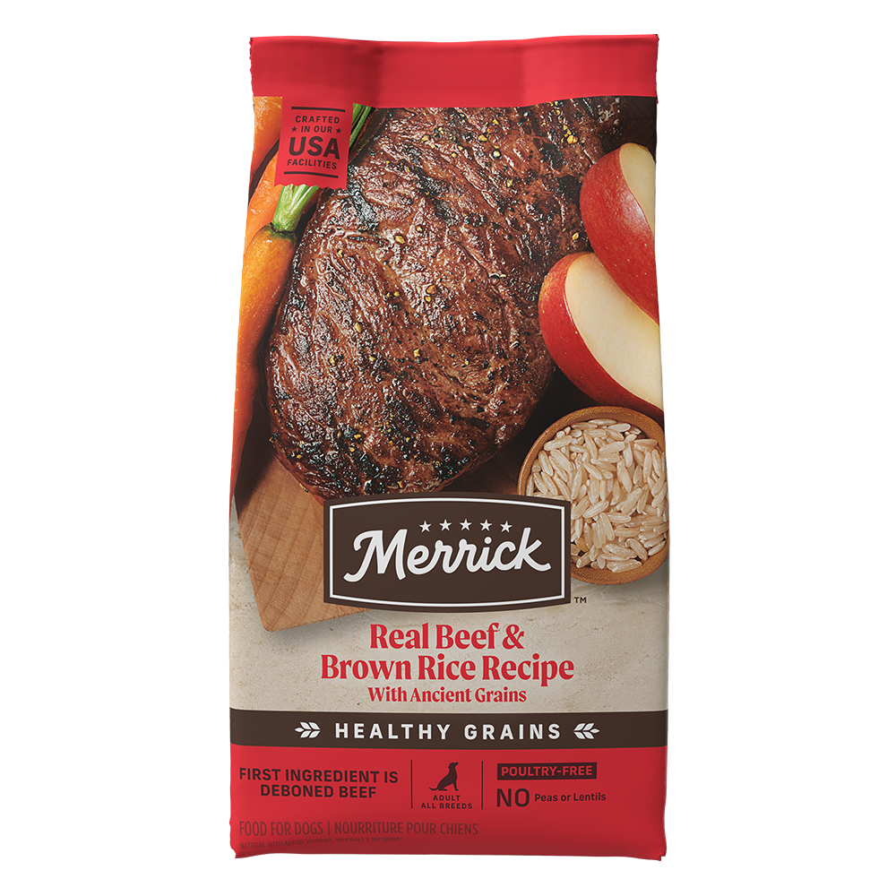 4lb bag of Merrick Classic Healthy Grains Beef and Brown Rice dry dog food