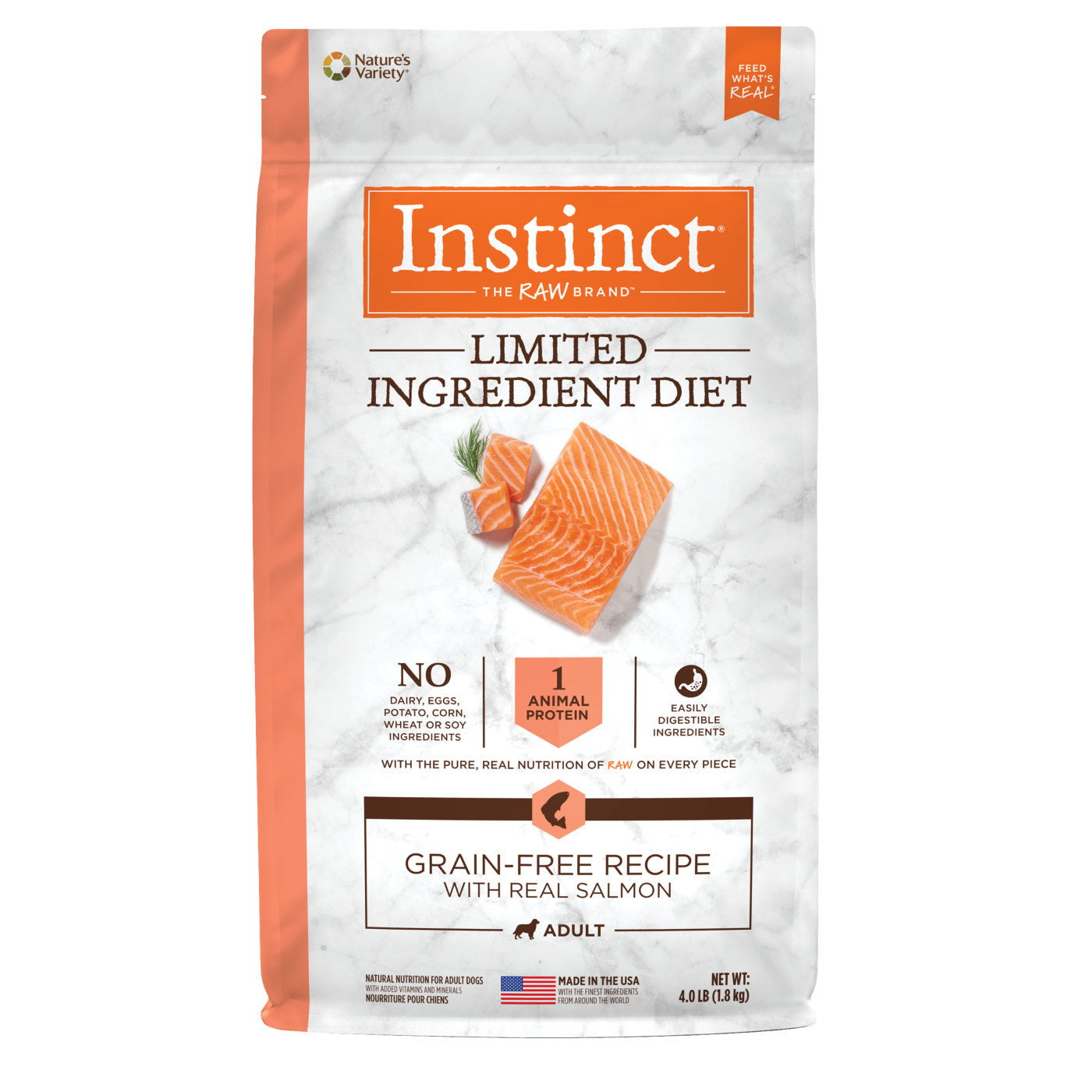 20lb bag of Instinct Adult Limited Ingredient Grain Free Salmon dry dog food