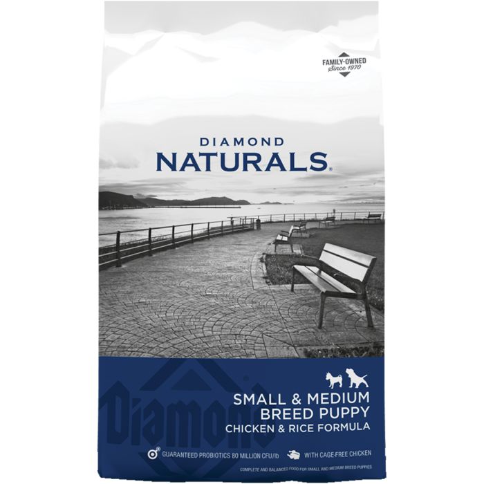 6 and 18 lb bags of Diamond Naturals Small/Medium Breed Puppy Chicken and Rice dry dog food