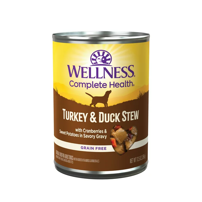 Can of Wellness Adult Turkey and Duck Stew wet dog food