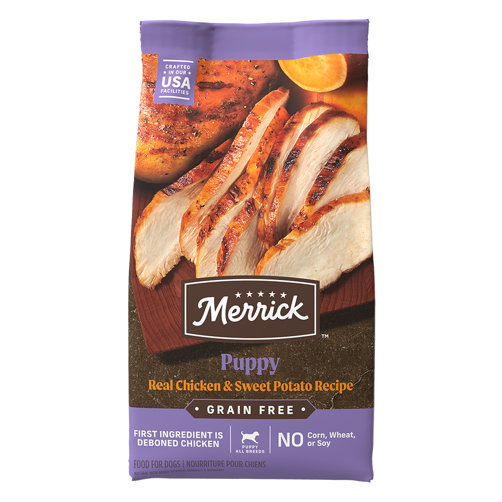 10lb bag of Merrick Grain Free Puppy Chicken and Sweet Potato dry dog food