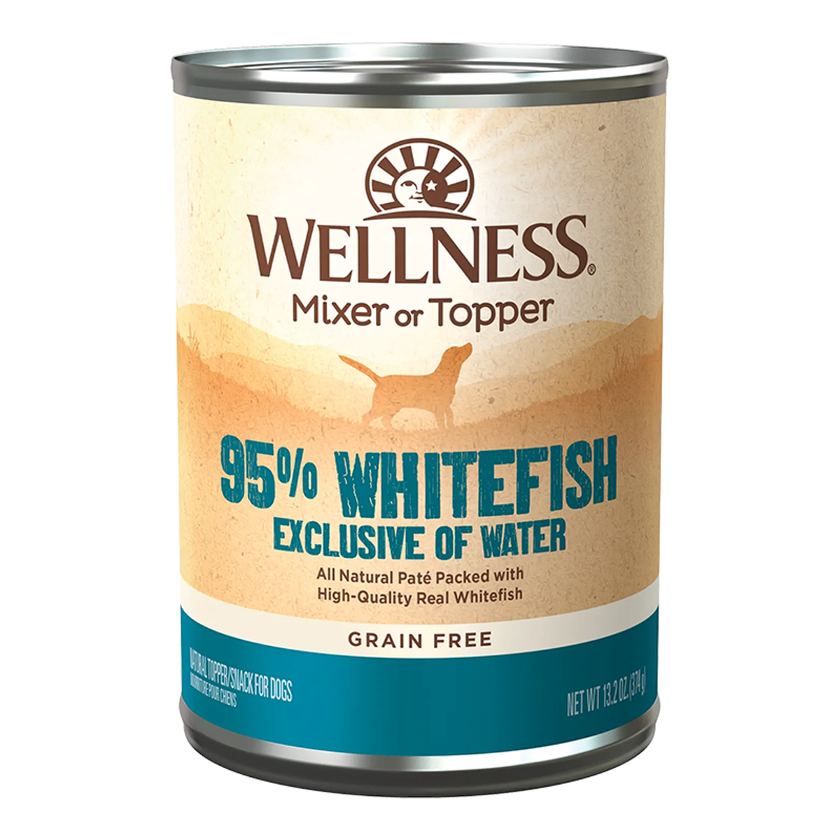 Can of Wellness Adult 95% Whitefish wet dog food