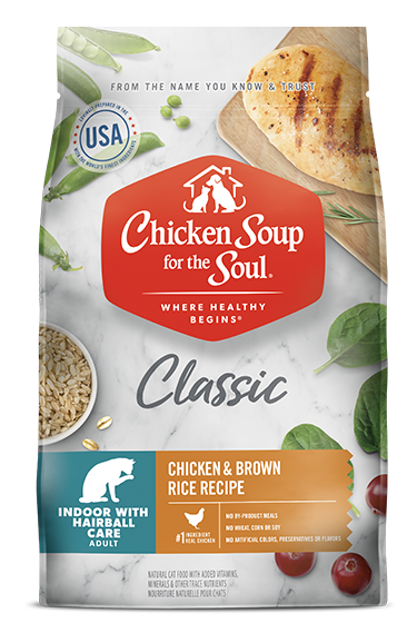 Bag of Chicken Soup Adult Chicken and Brown Rice Indoor Hairball Control cat food, 4.5lb size.