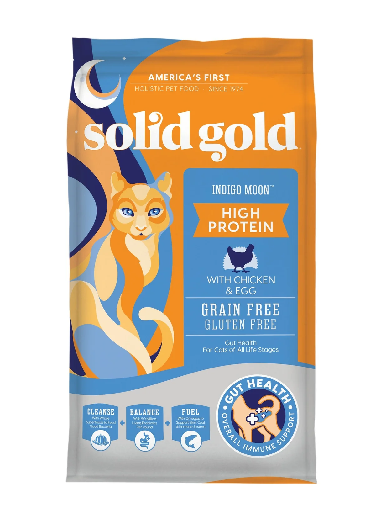 Bag of Solid Gold Indigo Moon Chicken and Egg grain free cat food, 3lb size.
