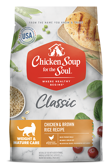 Bag of Chicken Soup Mature &amp; Weight Chicken and Brown Rice cat food, 4.5lb size.
