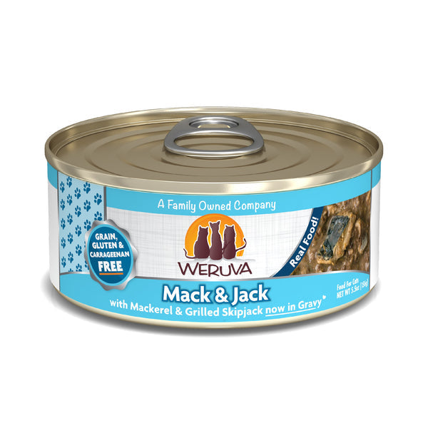 Can of Weruva Mack and Jack mackerel and skipjack cat food in gravy, 5.5 ounce