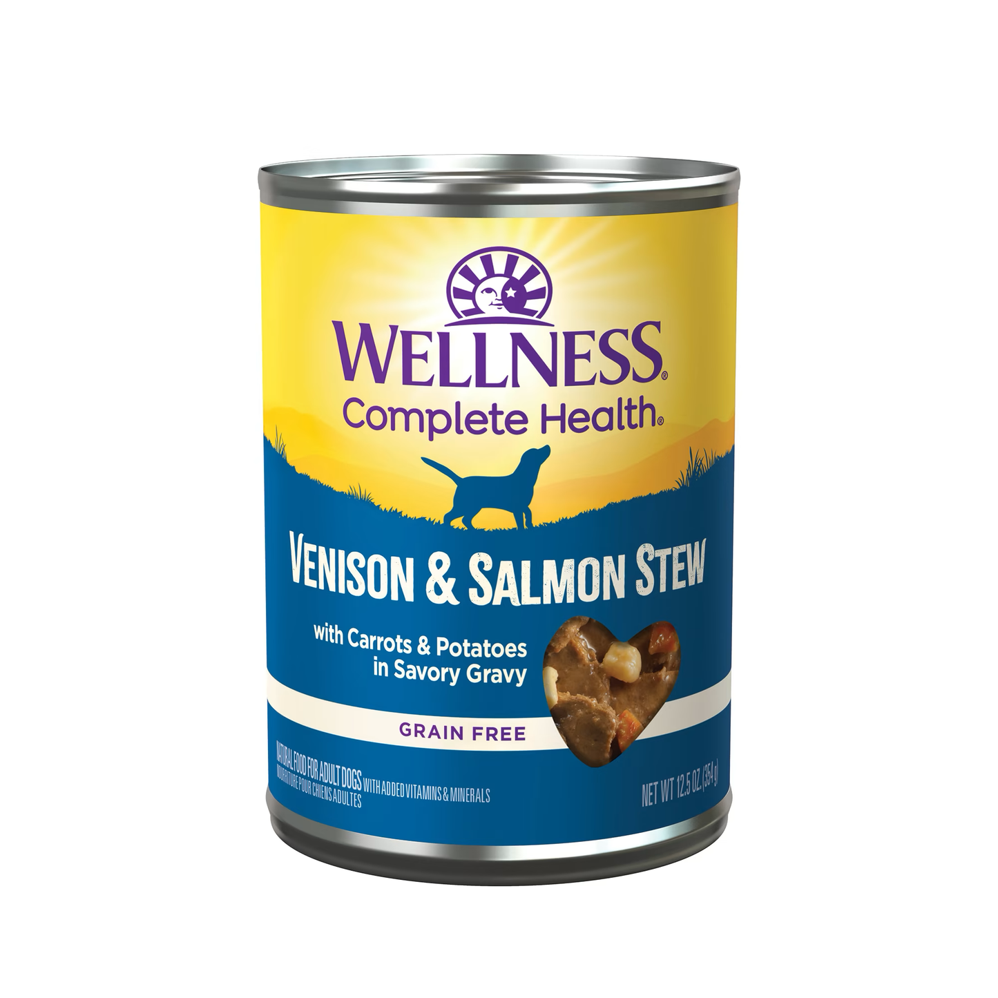 Can of Wellness Adult Venison and Salmon Stew wet dog food