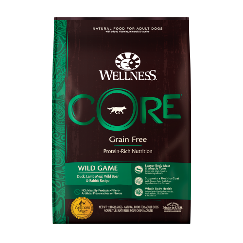 4lb bag of Wellness Core Wild Game grain free dry dog food with duck and rabbit