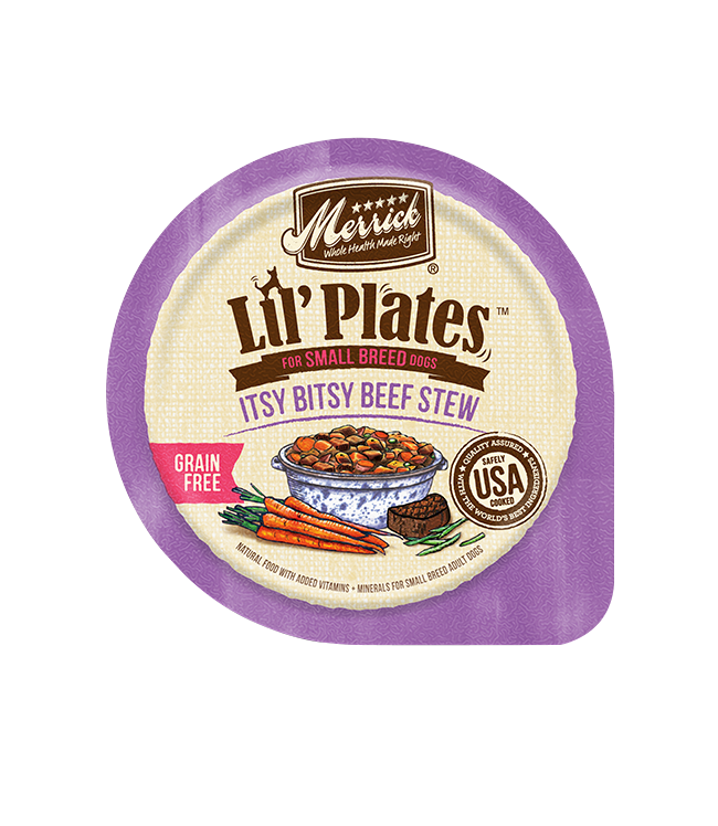 Can of Merrick Lil' Plates Grain Free Itsy Bitsy Beef Stew wet dog food