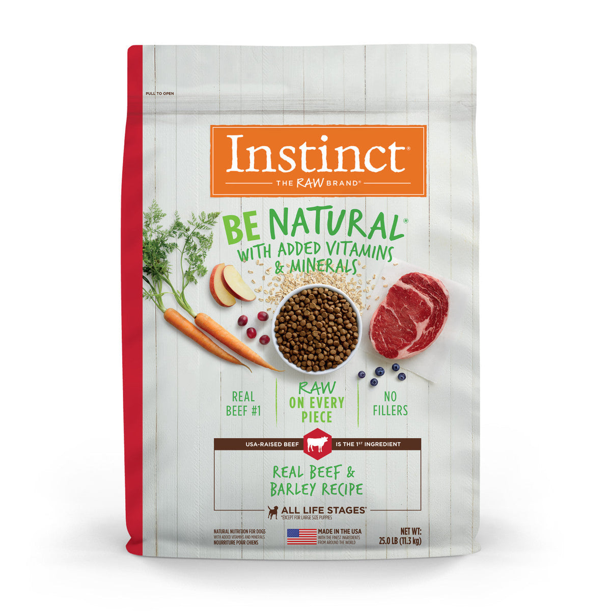 25lb bag of Instinct Adult Be Natural Beef and Barley dry dog food