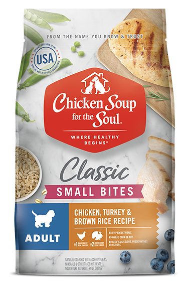 4.5, 16.2 and 28 lb bags of Chicken Soup Adult Chicken, Turkey and Brown Rice Small Bites dry dog food