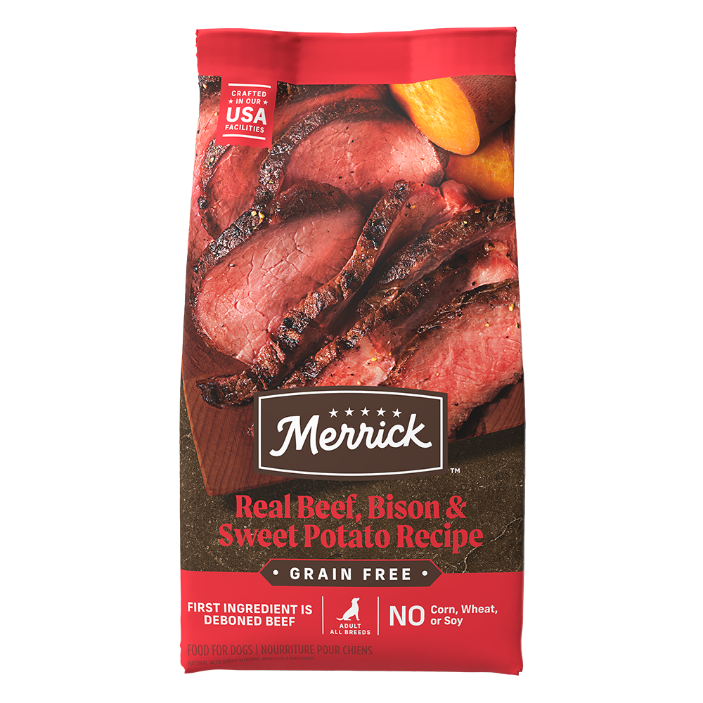 Bag of Merrick Grain Free Beef, Bison and Sweet Potato dry dog food