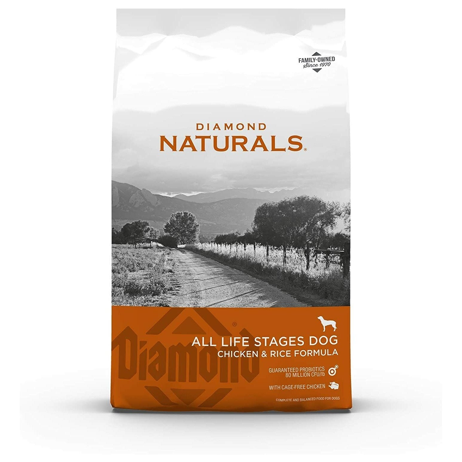 Bag of Diamond Naturals All Life Stages Chicken & Rice dry dog food, 40lb size
