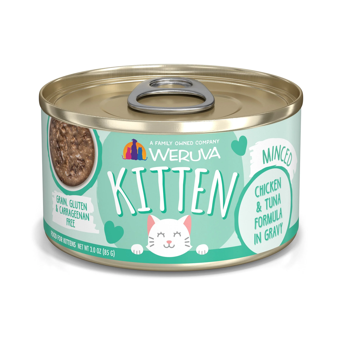 Can of Weruva Kitten chicken and tuna in gravy cat food, 3 ounce
