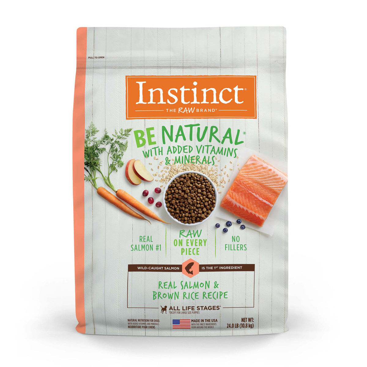 24lb bag of Instinct Adult Be Natural Salmon and Brown Rice dry dog food