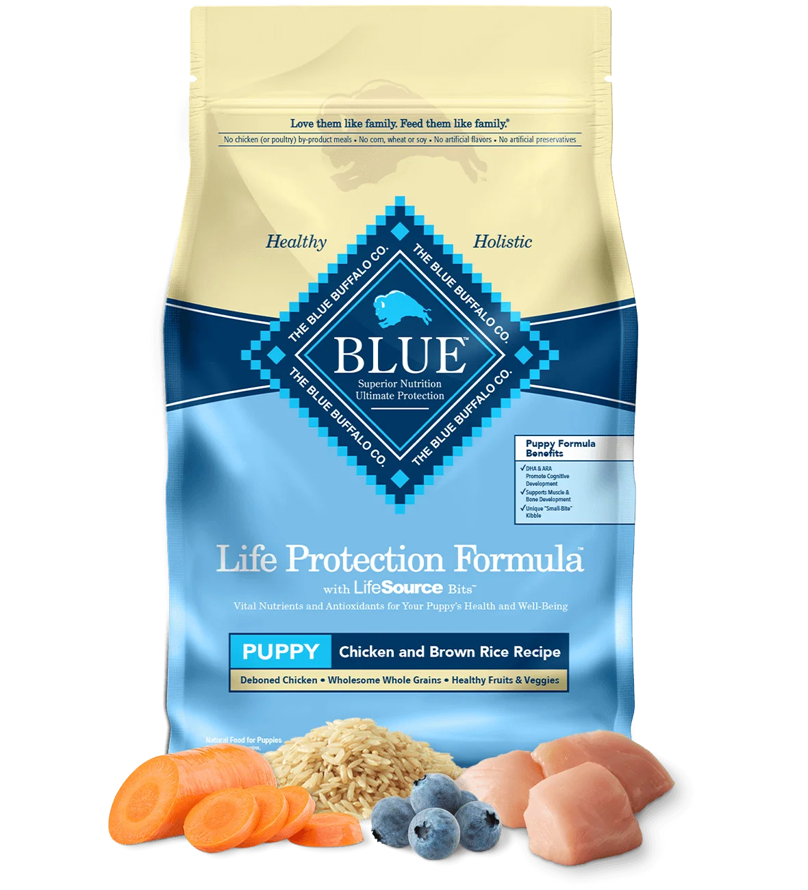 Bag of Blue Buffalo Puppy Chicken and Brown Rice Dry Dog Food