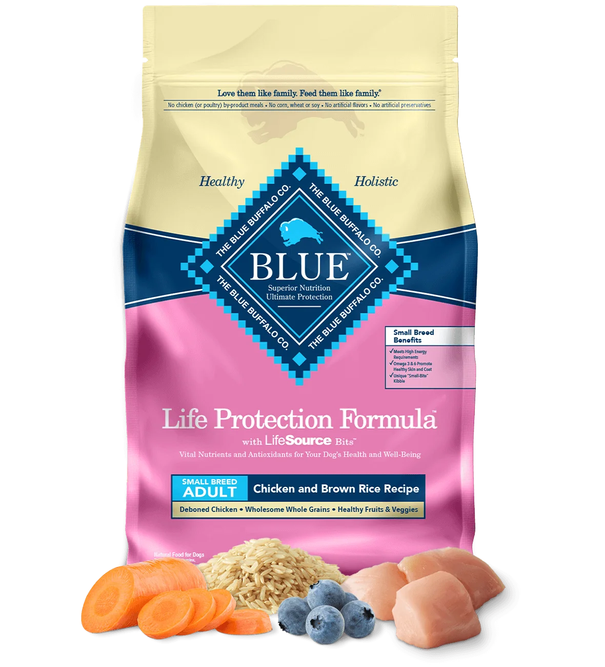 Bag of Blue Buffalo Life Protection Formula Adult Small Breed Chicken and Brown Rice Dry Dog Food