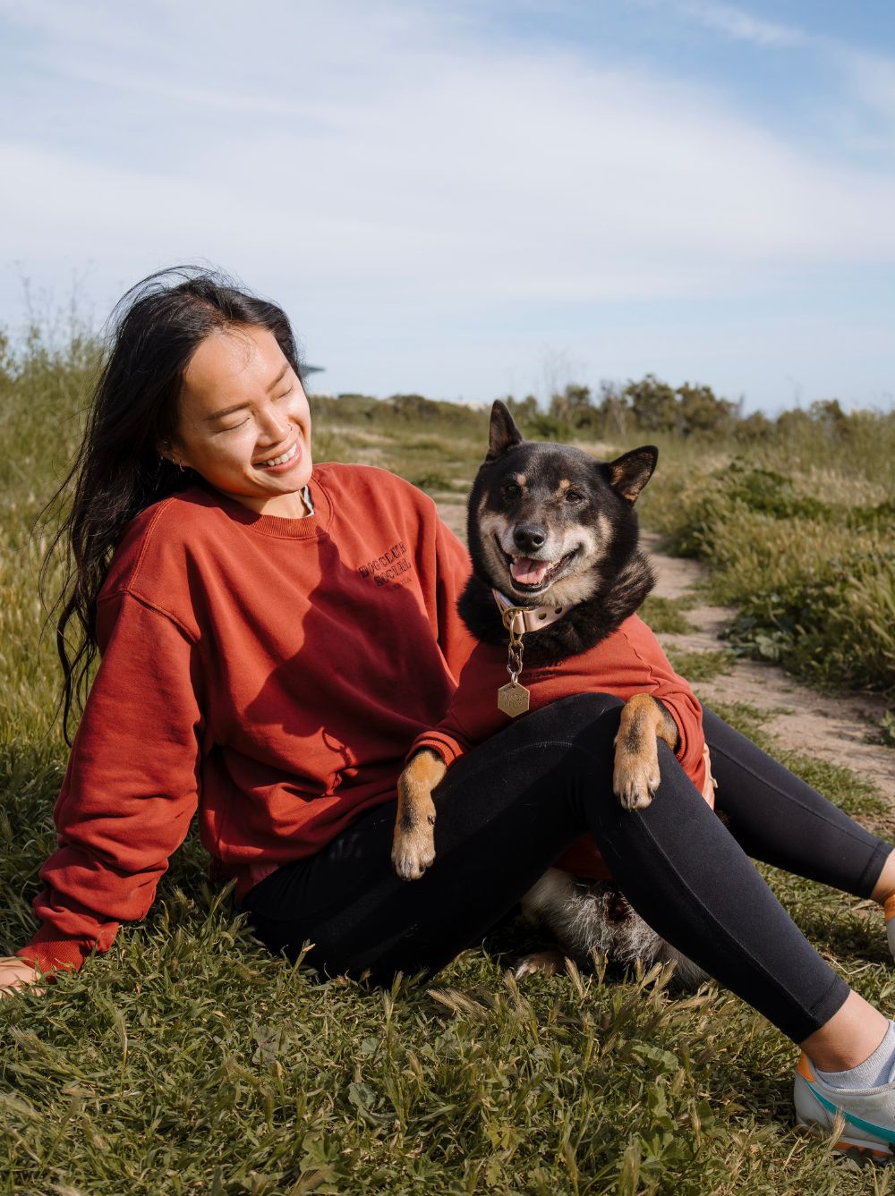 Dog and owner in matching Maroon Terry Pullovers, Good Thomas, sold through Sniff and Shift