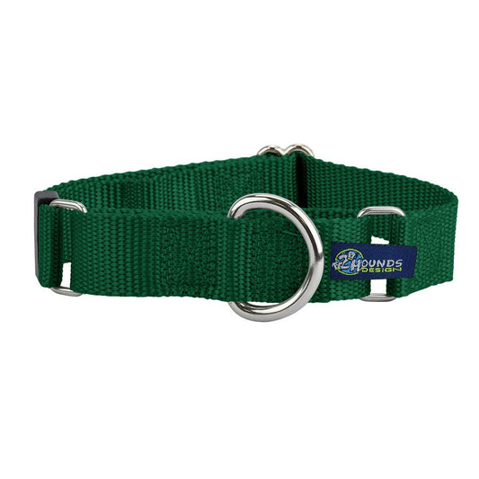 Kelly Green Nylon Martingale Dog Collar 5/8″ and 1″ by 2 Hounds Design, sold through Sniff and Shift