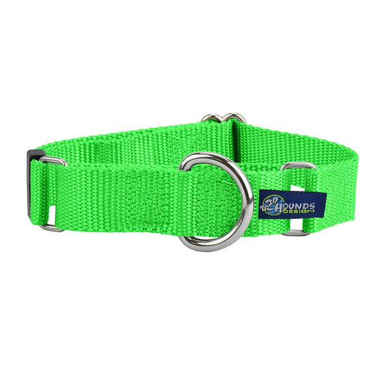 Neon Green Nylon Martingale Dog Collar 5/8″ and 1″ by 2 Hounds Design, sold through Sniff and Shift