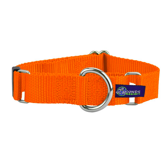 Neon Orange Nylon Martingale Dog Collar 5/8″ and 1″ by 2 Hounds Design, sold through Sniff and Shift