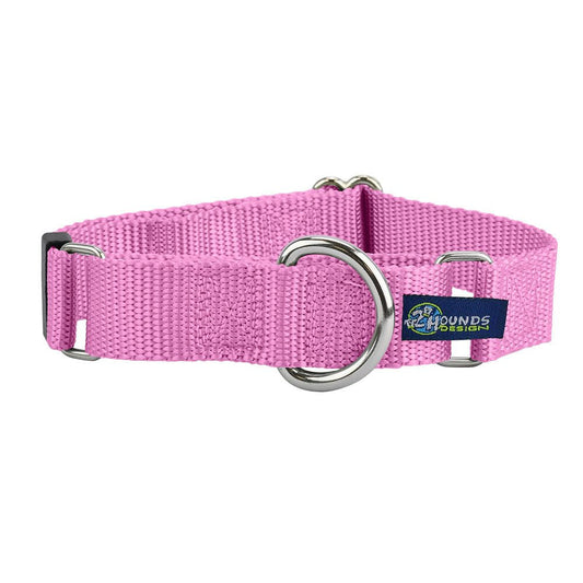 Rose Pink Nylon Martingale Dog Collar 5/8″ and 1″ by 2 Hounds Design, sold through Sniff and Shift