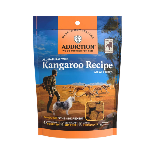 Meaty Bites grain-free kangaroo dog treats pack, Addiction Pet Foods USA, sold through Sniff and Shift