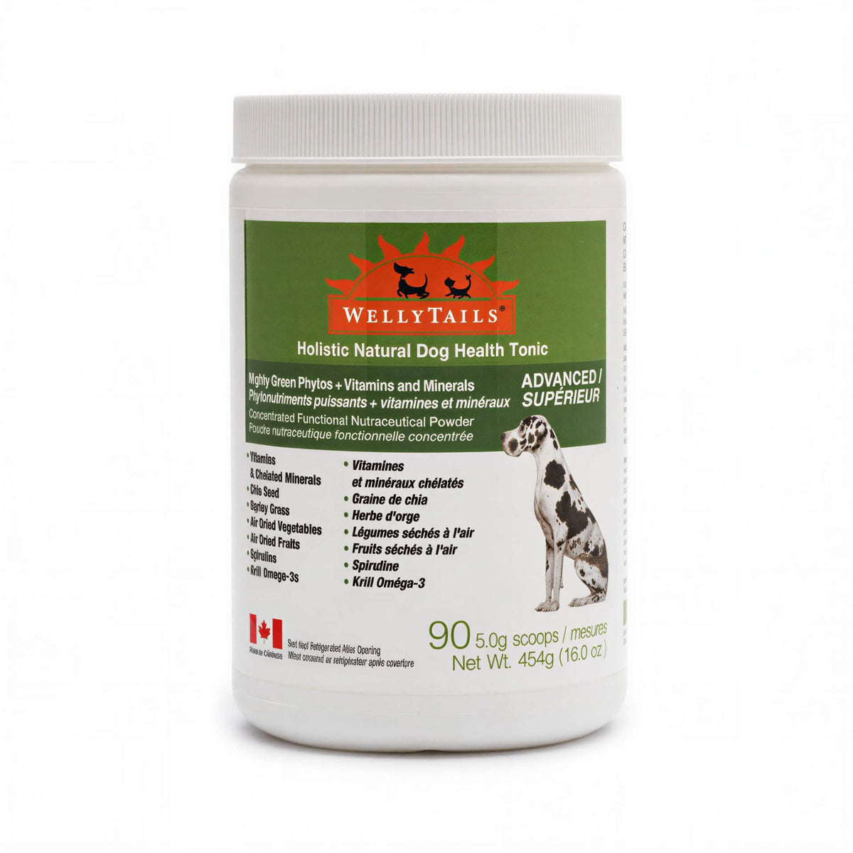 WellyTails Mighty Green Phytonutrients Vitamins & Minerals powder tub for dogs