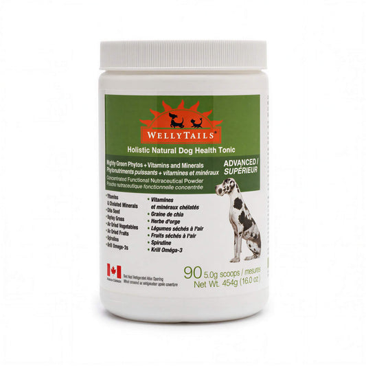 WellyTails Mighty Green Phytonutrients Vitamins & Minerals powder tub for dogs