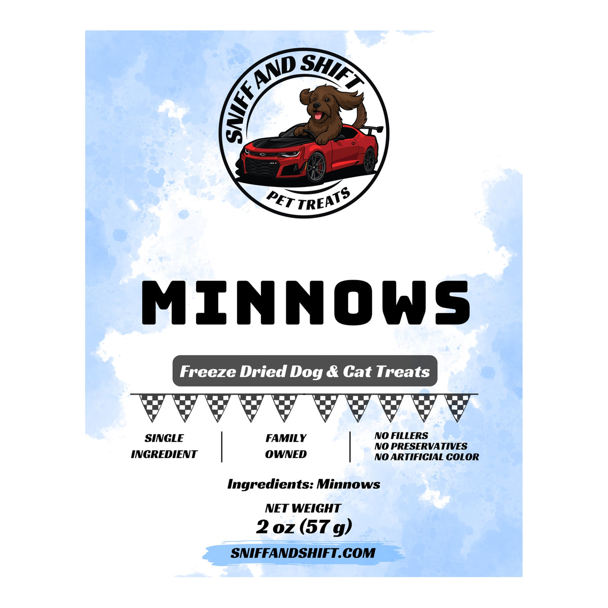Freeze-Dried Minnows for dogs and cats — 2 oz bag label | Sniff and Shift