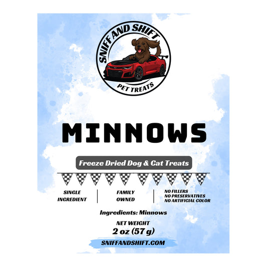 Freeze-Dried Minnows for dogs and cats — 2 oz bag label | Sniff and Shift