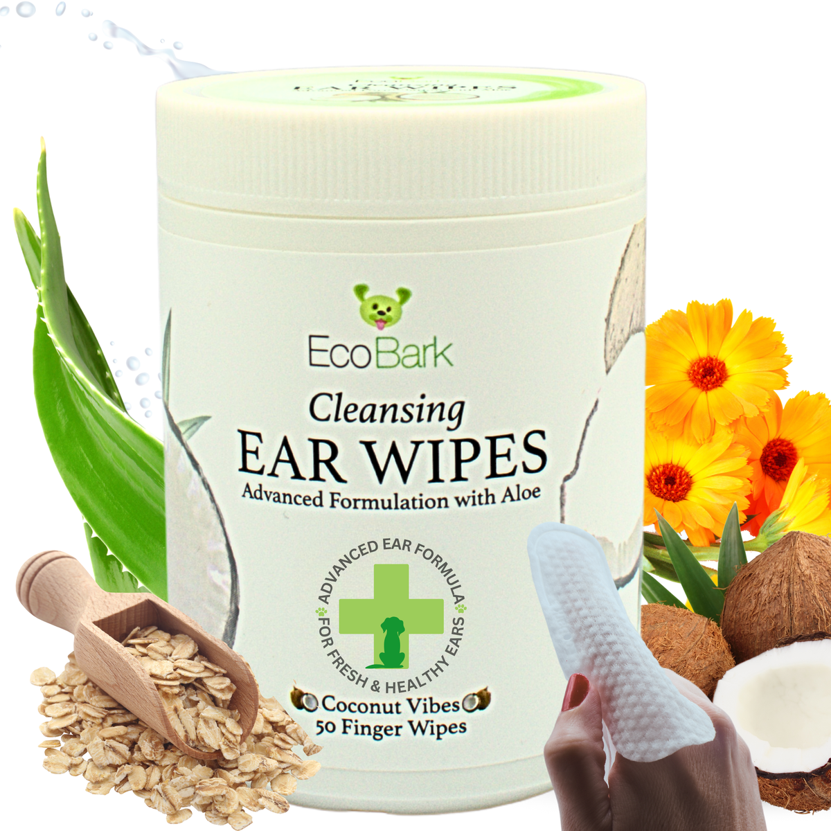 Coconut Ear Finger Wipes for Dogs, 50 Count, EcoBark Pet Supplies, sold through Sniff and Shift