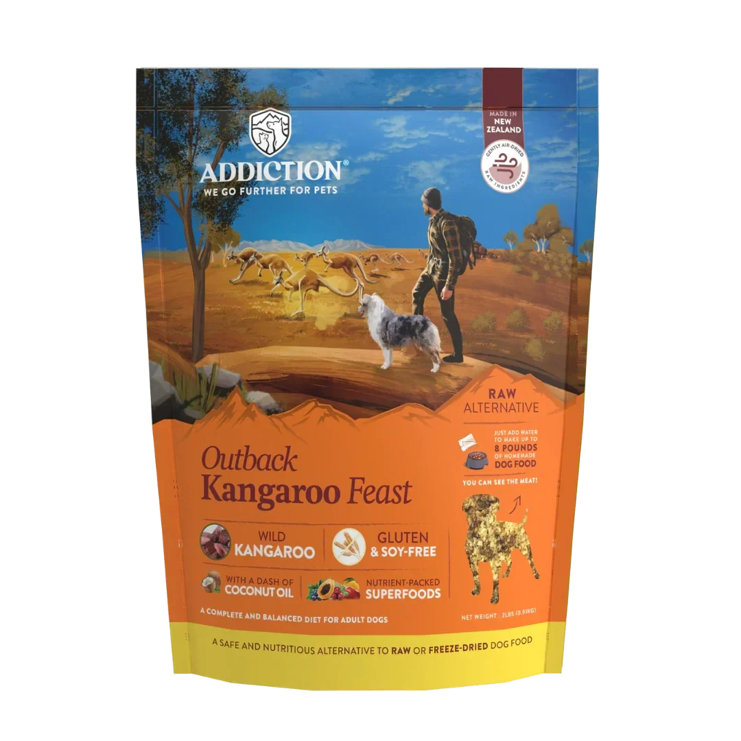 Outback Kangaroo Feast air-dried dog food pack, Addiction Pet Foods USA, sold through Sniff and Shift