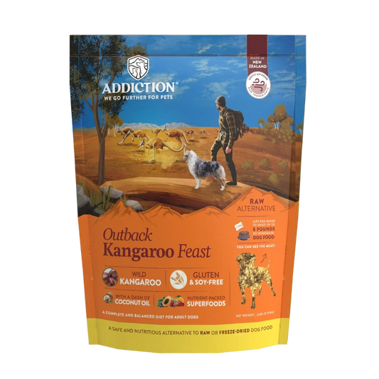 Outback Kangaroo Feast air-dried dog food pack, Addiction Pet Foods USA, sold through Sniff and Shift