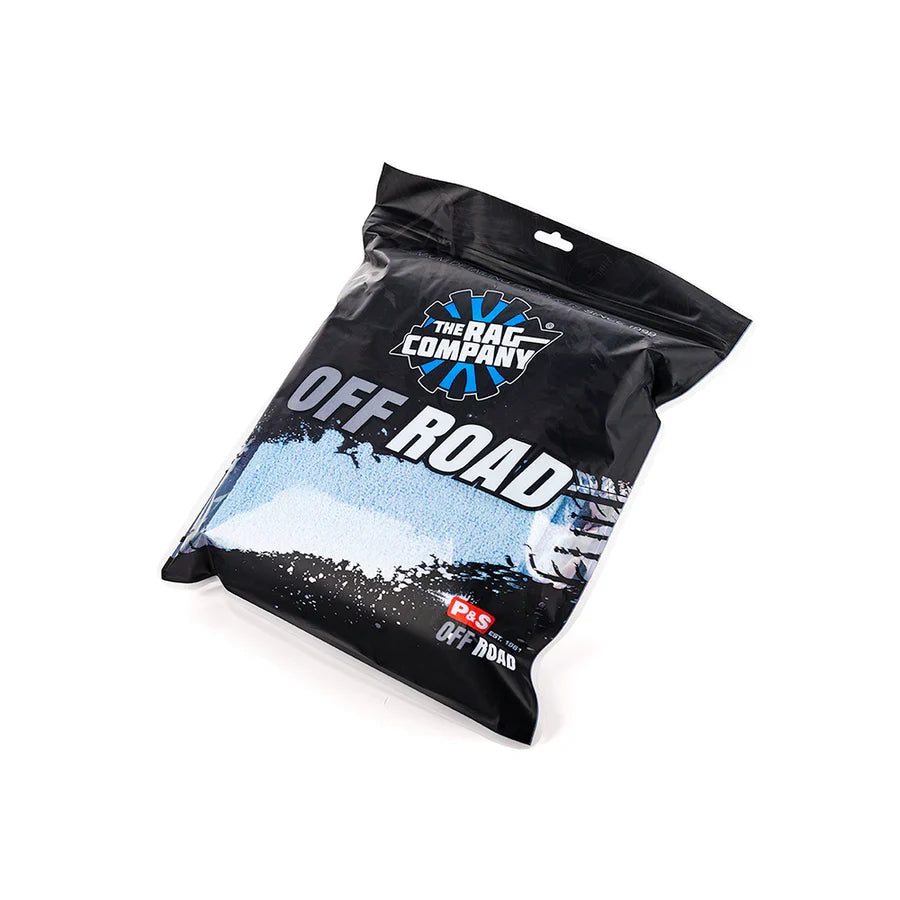 The Rag Company Off Road Crew Chief Pack of three light blue microfiber towels in a black printed bag