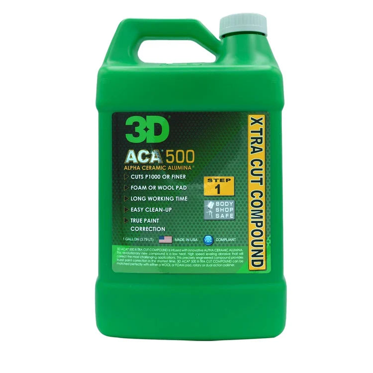 3D 500 ACA X-Tra Cut Compound gallon jug with handle, green jug with ACA 500 Xtra Cut Compound label