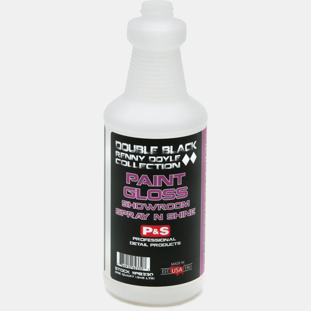 P&S Paint Gloss labeled quart bottle in natural white plastic with a black and pink Double Black label